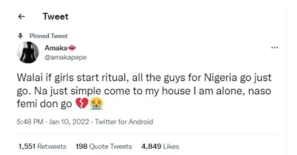 Lady Reveals What Would Happen If Nigerian Girls Start Using Guys For Rituals