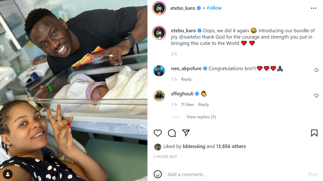 Super Eagles player and Watford star, Etebo Oghenekaro welcomes third child with wife 