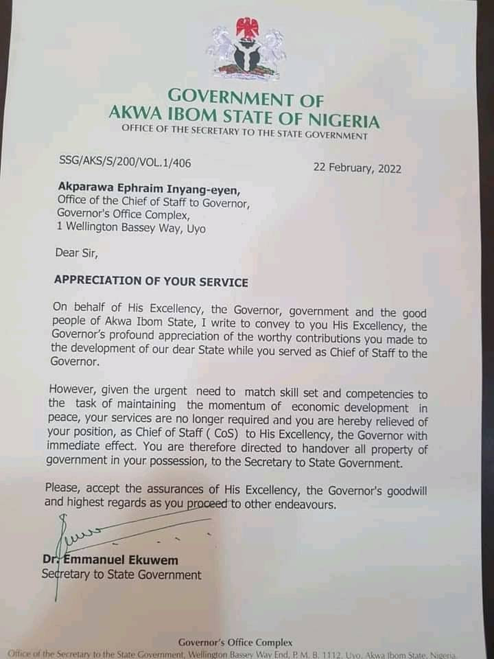 Akwa Ibom Governor sacks Chief of Staff 