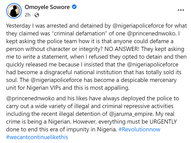 Omoyele Sowore reveals the police said he was arrested for defaming Regina Daniel