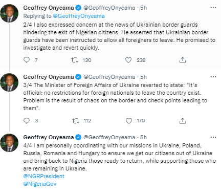 Ukranian border guards have been instructed to allow all foreigners to leave Ukraine- Minister of Foreign Affairs, Geoffrey Onyeama, says after speaking with Ukraine