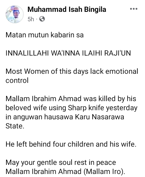 Jealous wife allegedly stabs her husband to death over his second marriage in Nasarawa 