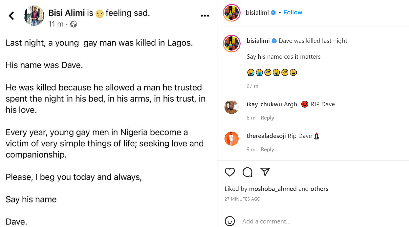 Bisi Alimi alleges that a gay man was killed in Lagos on Monday after he allowed a man he trusted spend the night in his bed 