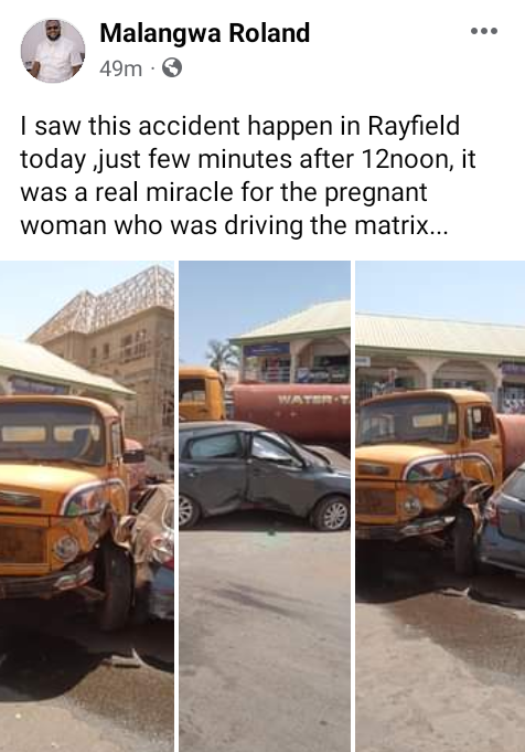 Pregnant woman escapes death as she rams her car into water tanker in Jos 