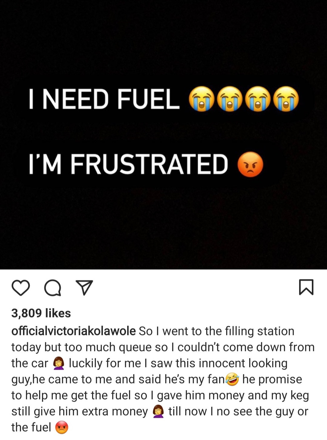 Actress Victoria Kolawole cries out after being duped while trying to buy fuel