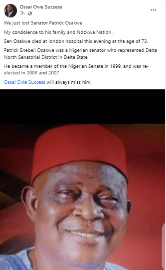 Senator Patrick Osakwe dies at 73