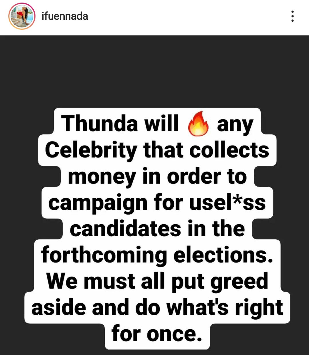 2023: Thunder will fire any celebrity that collects money to campaign for useless candidates - Reality TV star Ifuennada