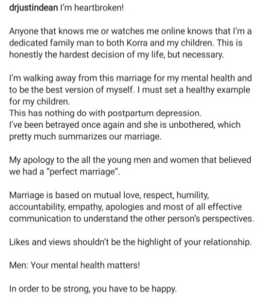 My apologies to all the young men and women that believed we had a perfect marriage - Justin Dean says leaving his marriage is the hardest decision but he is doing it for his mental health