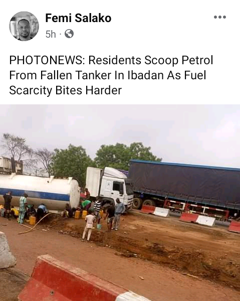 Residents spotted scooping fuel from fallen tanker in Ibadan 