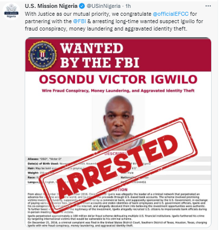 US Mission in Nigeria congratulates EFCC for arresting suspected fraudster Igwilo